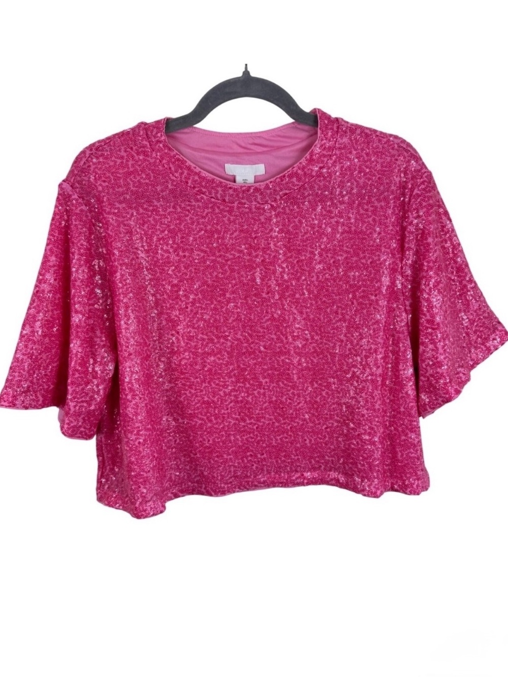 H&M Pink Sequin Crop Top Womens Large Short Sleeve Sparkly Party Shirt Hot Pink